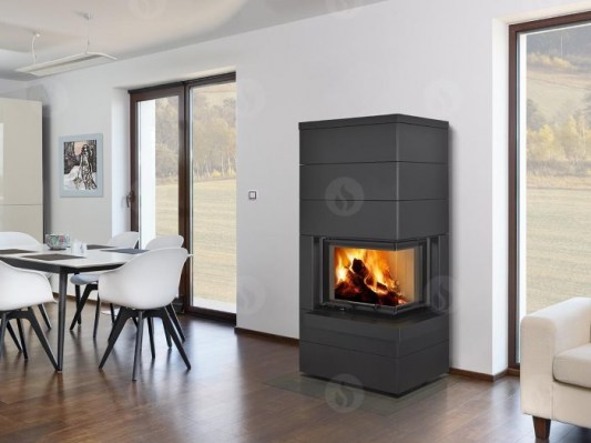 CARA R/L 03 steel - design accumulation fireplace with lifting door and bent corner glazing